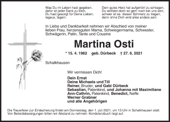 Traueranzeige von Martina Osti von Ansbach