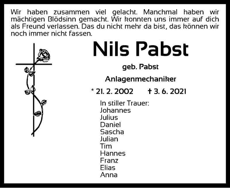  Traueranzeige für Nils Pabst vom 10.06.2021 aus Neustadt/ Scheinfeld/ Uffenheim
