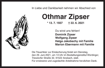 Traueranzeige von Othmar Zipser von Ansbach