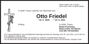 Traueranzeige von Otto Friedel von Ansbach