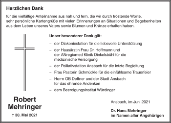 Traueranzeige von Robert Mehringer von Ansbach