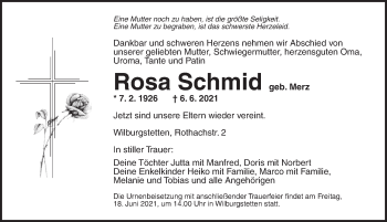 Traueranzeige von Rosa Schmid von Dinkelsbühl/ Feuchtwangen