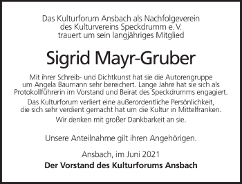 Traueranzeige von Sigrid Mayr-Gruber von Ansbach
