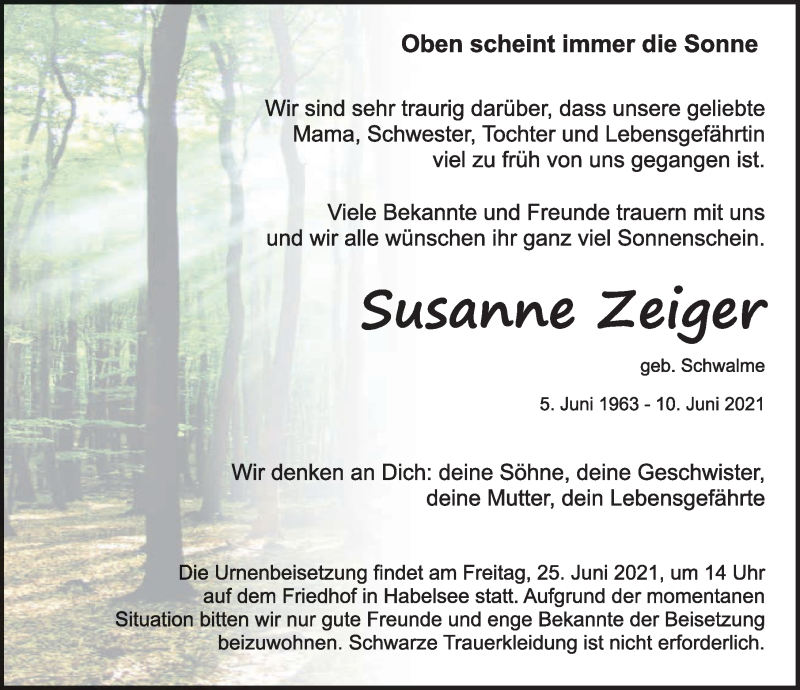  Traueranzeige für Susanne Zeiger vom 22.06.2021 aus Rothenburg