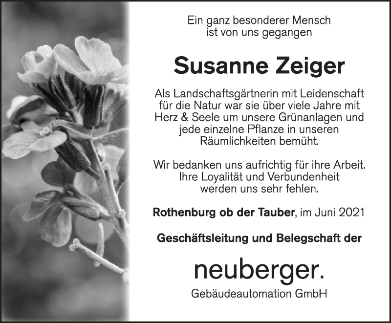  Traueranzeige für Susanne Zeiger vom 24.06.2021 aus Rothenburg