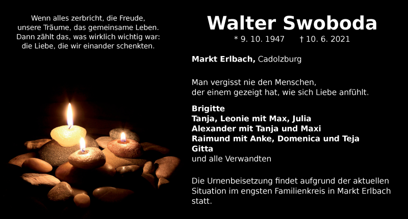  Traueranzeige für Walter Swoboda vom 14.06.2021 aus Neustadt/ Scheinfeld/ Uffenheim