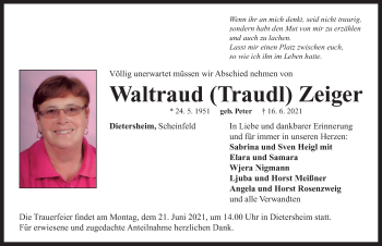 Traueranzeige von Waltraud  Zeiger von Neustadt/ Scheinfeld/ Uffenheim