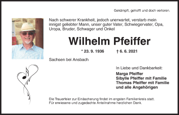 Traueranzeige von Wilhelm Pfeiffer von Ansbach