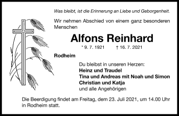 Traueranzeige von Alfons Reinhard von Neustadt/ Scheinfeld/ Uffenheim