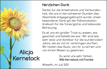 Traueranzeige von Alicja Kernstock von Dinkelsbühl/ Feuchtwangen