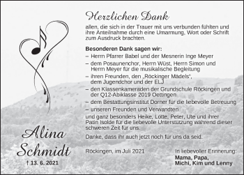 Traueranzeige von Alina Schmidt von Dinkelsbühl/ Feuchtwangen