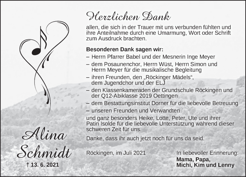  Traueranzeige für Alina Schmidt vom 03.07.2021 aus Dinkelsbühl/ Feuchtwangen