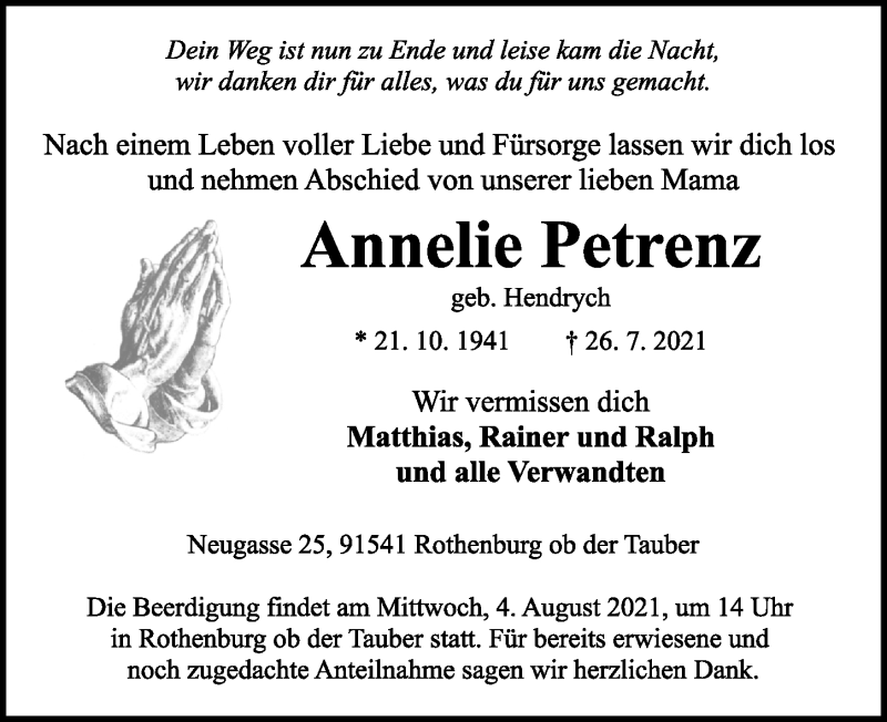  Traueranzeige für Annelie Petrenz vom 31.07.2021 aus Rothenburg