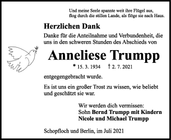 Traueranzeige von Anneliese Trumpp von Dinkelsbühl/ Feuchtwangen