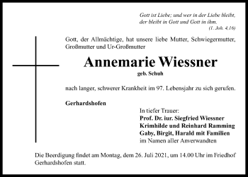 Traueranzeige von Annemarie Wiessner von Neustadt/ Scheinfeld/ Uffenheim