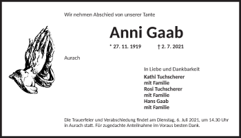 Traueranzeige von Anni Gaab von Ansbach