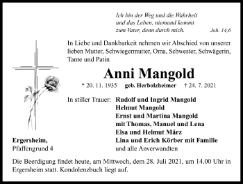 Traueranzeige von Anni Mangold von Neustadt/ Scheinfeld/ Uffenheim