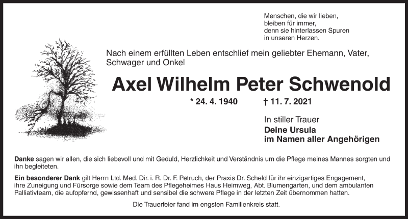  Traueranzeige für Axel Wilhelm Peter Schwenold vom 21.07.2021 aus Ansbach