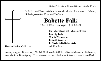 Traueranzeige von Babette Falk von Neustadt/ Scheinfeld/ Uffenheim