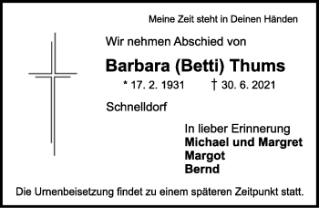 Traueranzeige von Barbara  Thums von Dinkelsbühl/ Feuchtwangen