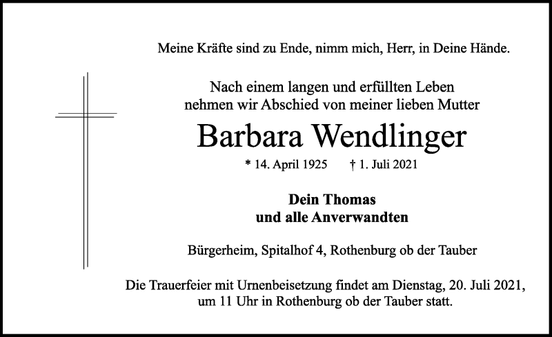  Traueranzeige für Barbara Wendlinger vom 19.07.2021 aus Rothenburg