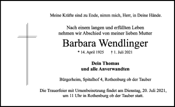 Traueranzeige von Barbara Wendlinger von Rothenburg