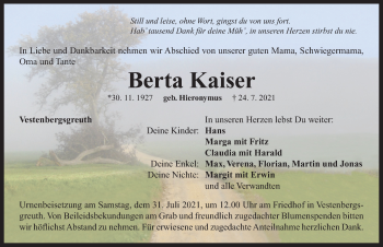 Traueranzeige von Berta Kaiser von Neustadt/ Scheinfeld/ Uffenheim