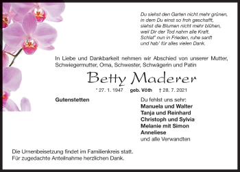 Traueranzeige von Betty Maderer von Neustadt/ Scheinfeld/ Uffenheim