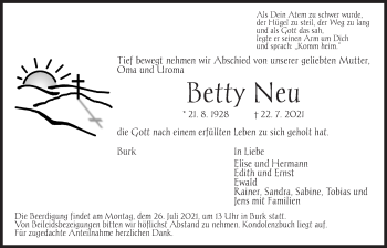 Traueranzeige von Betty Neu von Dinkelsbühl/ Feuchtwangen