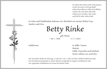 Traueranzeige von Betty Rinke von Ansbach