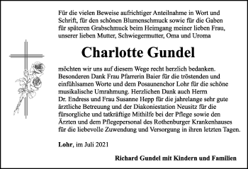 Traueranzeige von Charlotte Gundel von Rothenburg