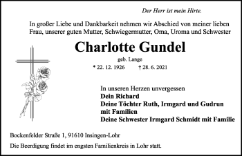 Traueranzeige von Charlotte Gundel von Rothenburg