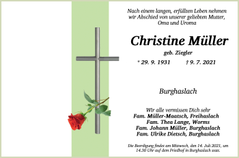 Traueranzeige von Christine Müller von Neustadt/ Scheinfeld/ Uffenheim