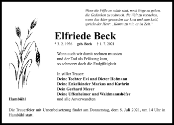 Traueranzeige von Elfriede Beck von Neustadt/ Scheinfeld/ Uffenheim