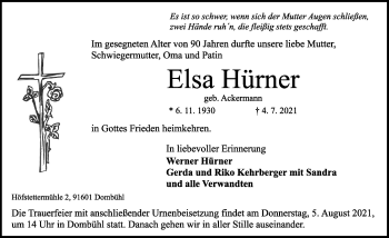 Traueranzeige von Elsa Hürner von Dinkelsbühl/ Feuchtwangen