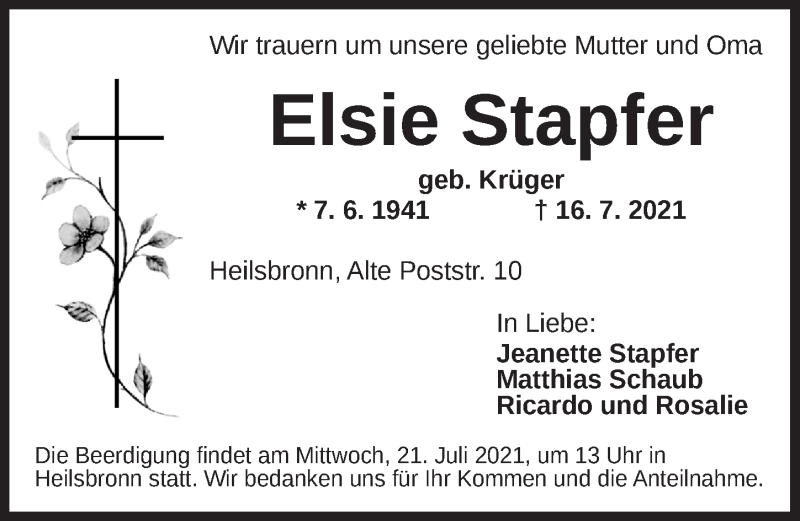  Traueranzeige für Elsie Stapfer vom 20.07.2021 aus Ansbach