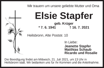 Traueranzeige von Elsie Stapfer von Ansbach