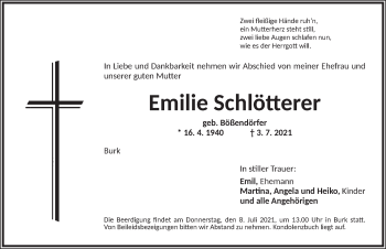 Traueranzeige von Emilie Schlötterer von Dinkelsbühl/ Feuchtwangen