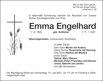 Traueranzeige von Emma Engelhard von Dinkelsbühl/ Feuchtwangen