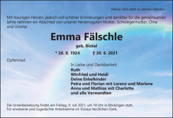 Traueranzeige von Emma Fälschle von Dinkelsbühl/ Feuchtwangen