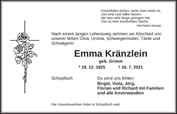 Traueranzeige von Emma Kränzlein von Dinkelsbühl/ Feuchtwangen