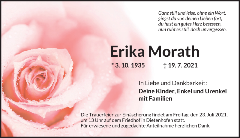  Traueranzeige für Erika Morath vom 22.07.2021 aus Ansbach