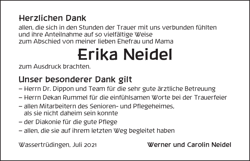  Traueranzeige für Erika Neidel vom 24.07.2021 aus Dinkelsbühl/ Feuchtwangen