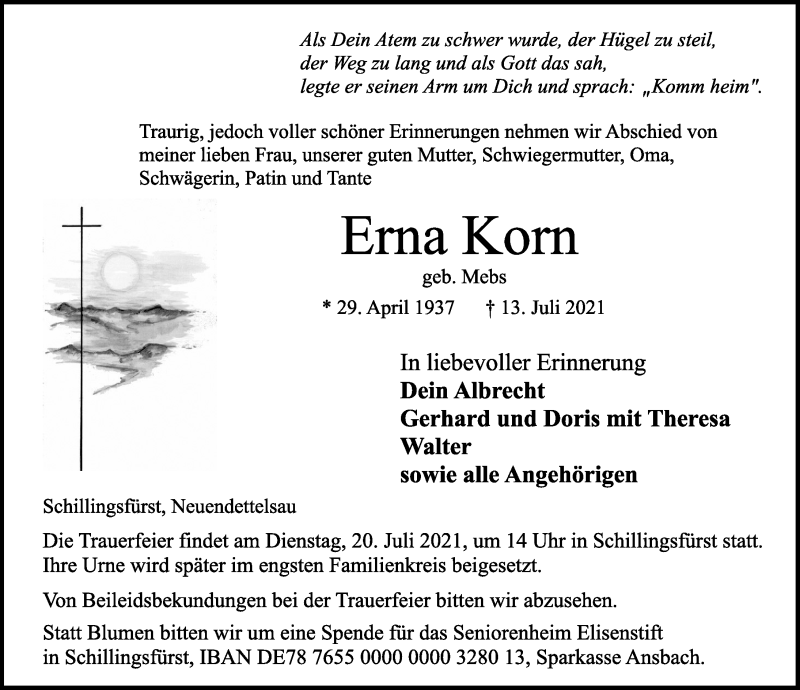  Traueranzeige für Erna Korn vom 19.07.2021 aus Ansbach