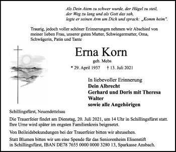 Traueranzeige von Erna Korn von Ansbach