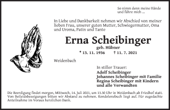 Traueranzeige von Erna Scheibinger von Ansbach