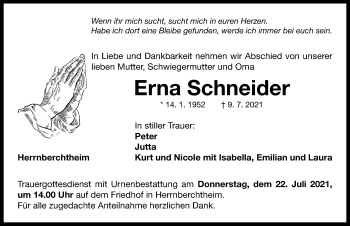 Traueranzeige von Erna Schneider von Neustadt/ Scheinfeld/ Uffenheim