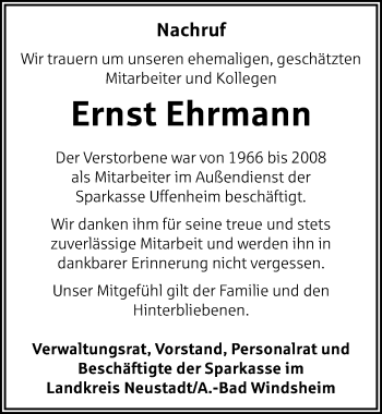 Traueranzeige von Ernst Ehrmann von Neustadt/ Scheinfeld/ Uffenheim