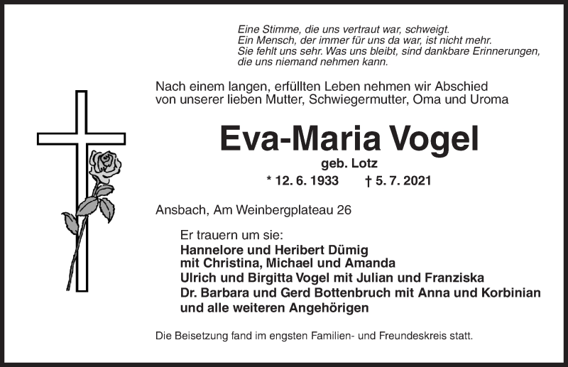  Traueranzeige für Eva-Maria Vogel vom 10.07.2021 aus Ansbach