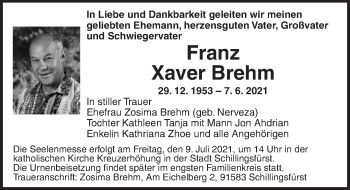 Traueranzeige von Franz Brehm von Rothenburg